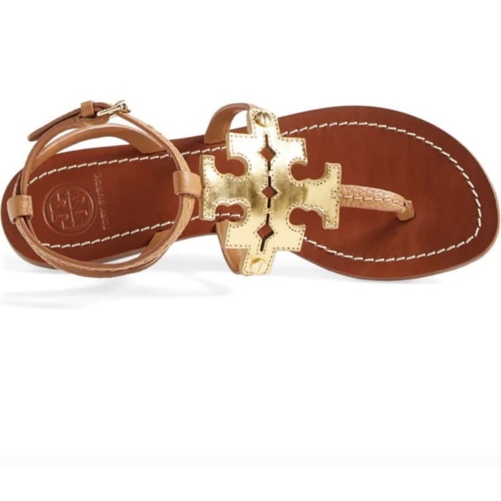 Tory Burch Chandler Sandal Gold Leather Logo Ankle